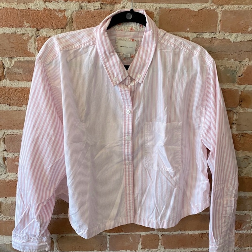 American Eagle Outfitters Pink and White Striped Button-Down Shirt